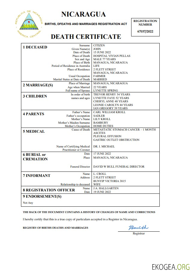 Modèle Word et PDF de certificat de décès de l'état civil du Nicaragua